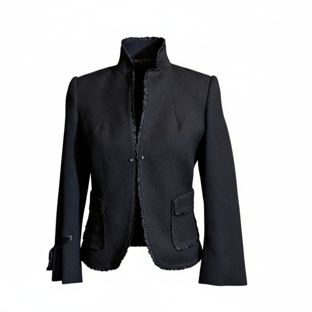 Rebecca Taylor Black Textured Ruffle Trim ribbon Cuffs Feminine Wool Blazer Sz 4